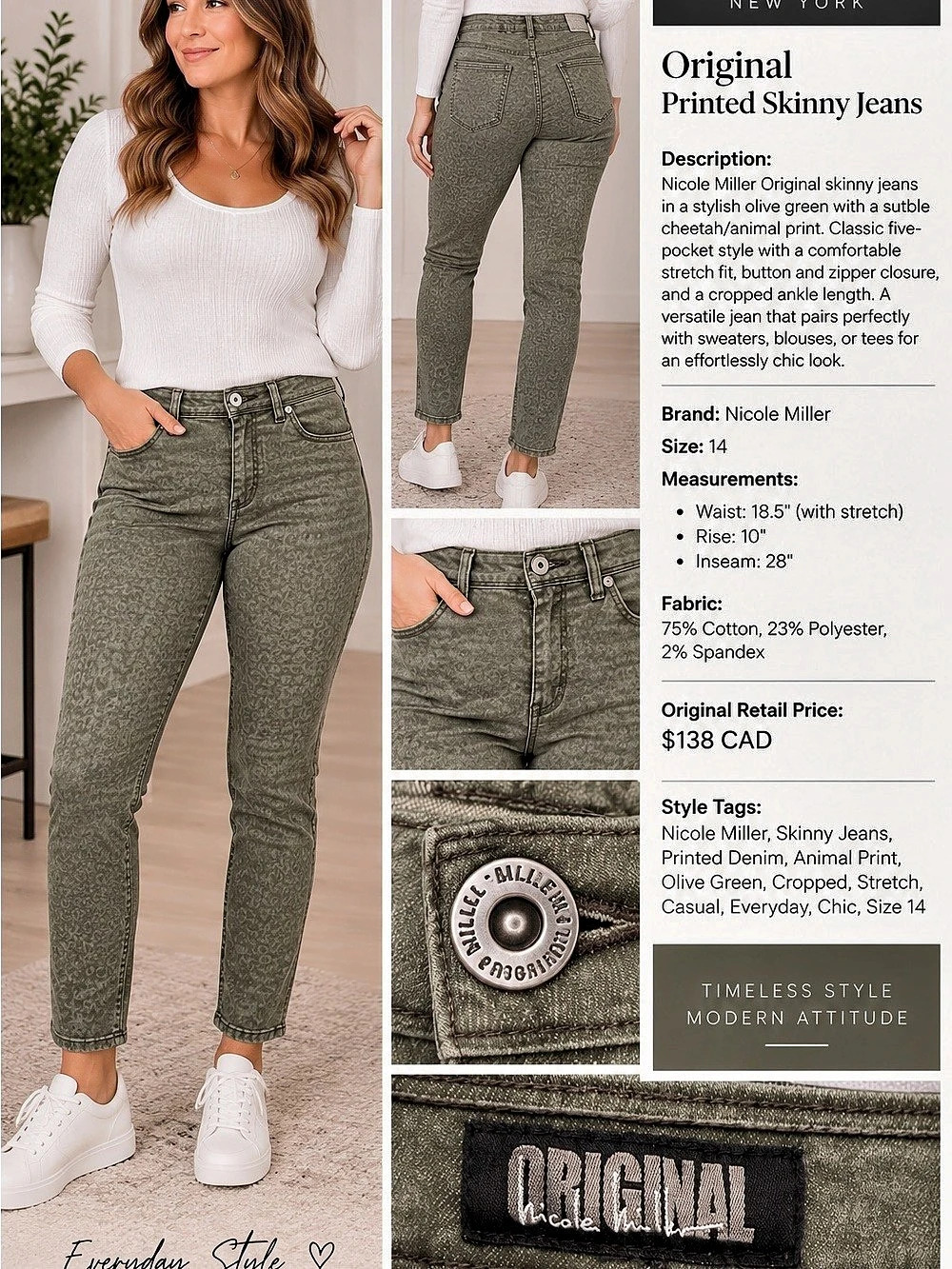 18.5” w Nicole Miller Original Printed Skinny Jeans Animal Print Green Waist 14